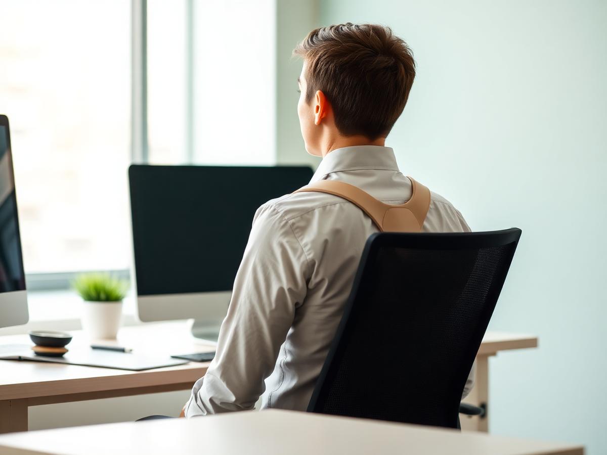 Desk worker sitting upright wearing a discreet posture corrector